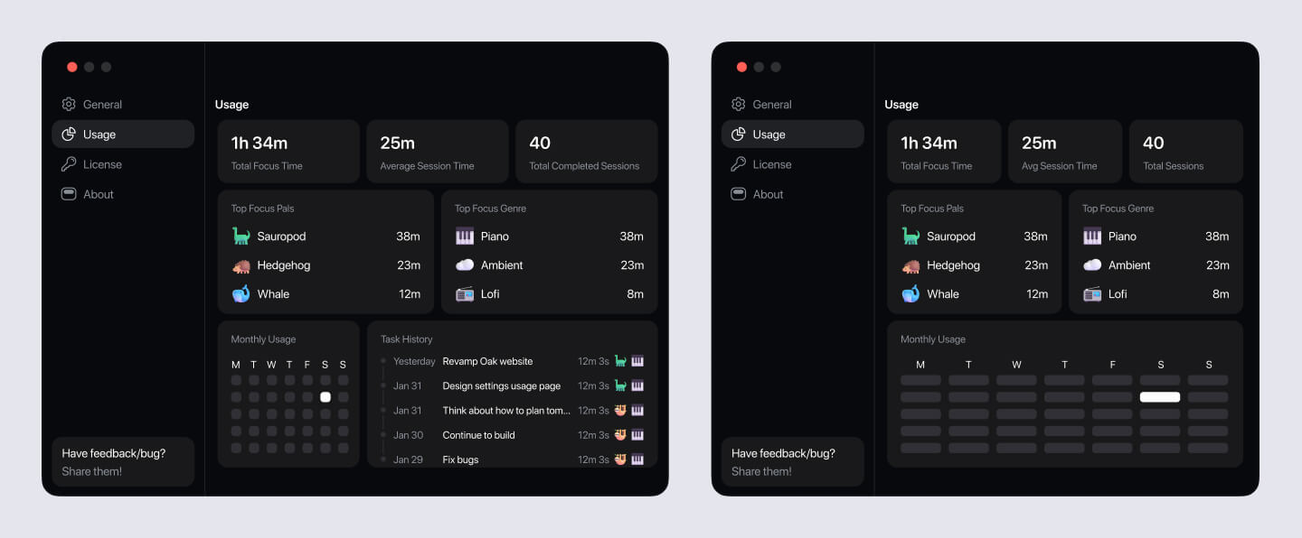 Usage / settings explored in Figma